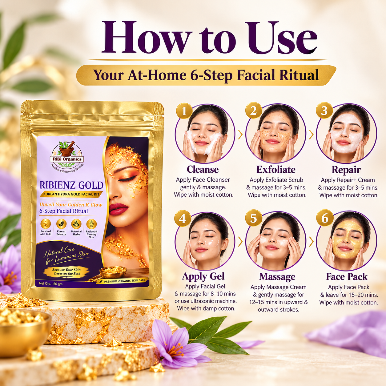 RIBIENZ GOLD KOREAN HYDRA GOLDD FACIAL KIT  - 6 STEPS FACIAL RITUAL